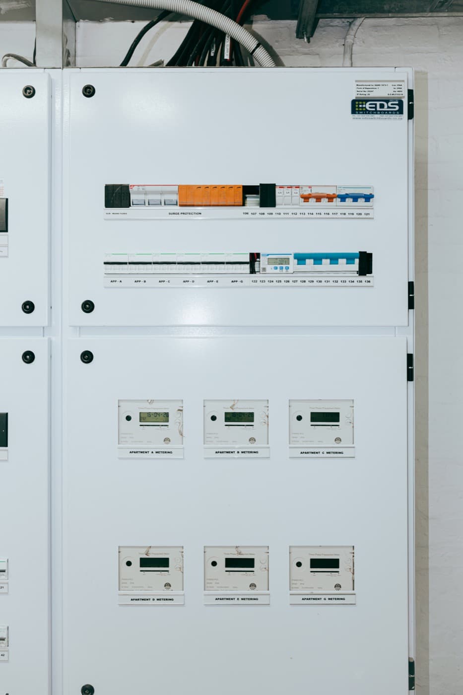 Modern main distribution board with labelled breakers and metering